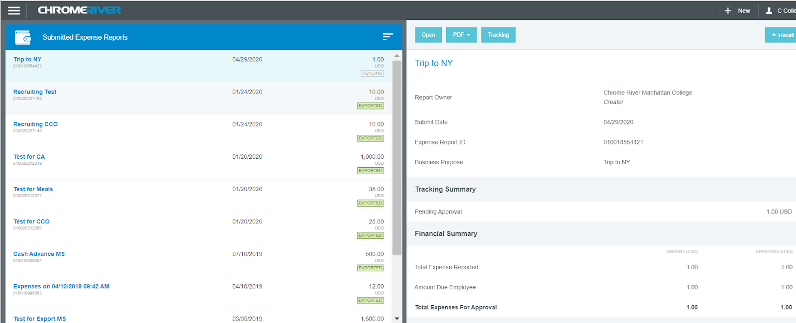 Screen shot of Submitted Expense Reports dashboard showing all the expense reports submitted in your account with an individual report opened on the right hand side of the screen.